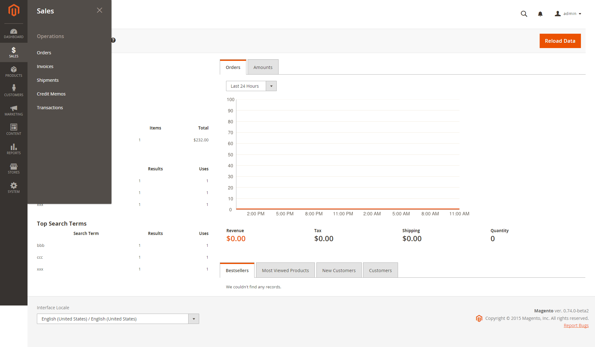 Magento 2.0 Admin Panel Dashboard