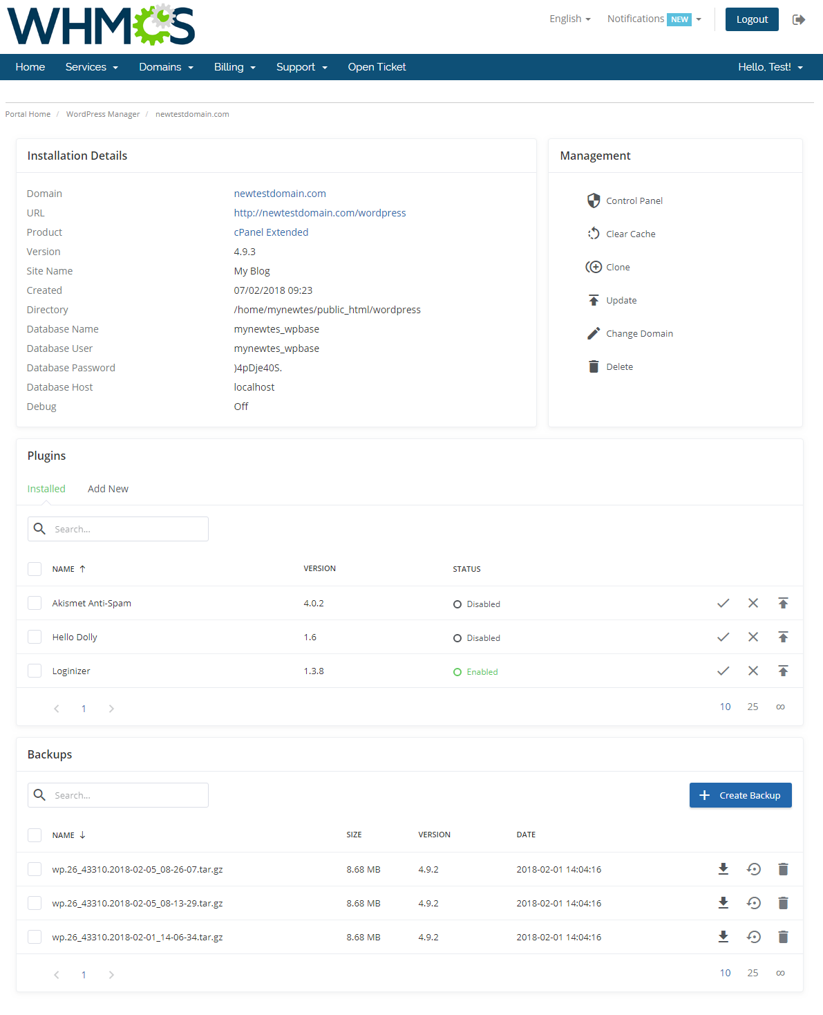 ModulesGarden WordPress Manager For WHMCS - Client Area