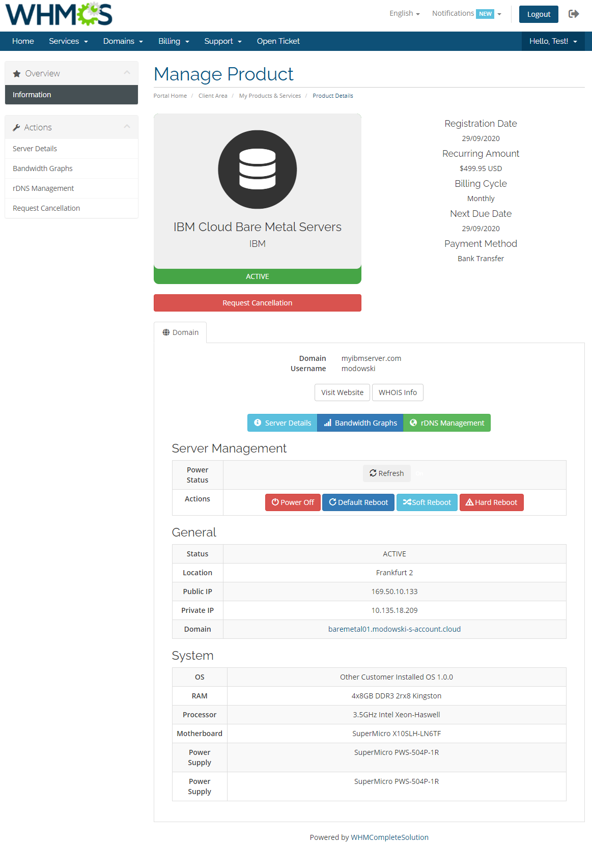 ModulesGarden IBM Cloud Bare Metal Servers – Client Area