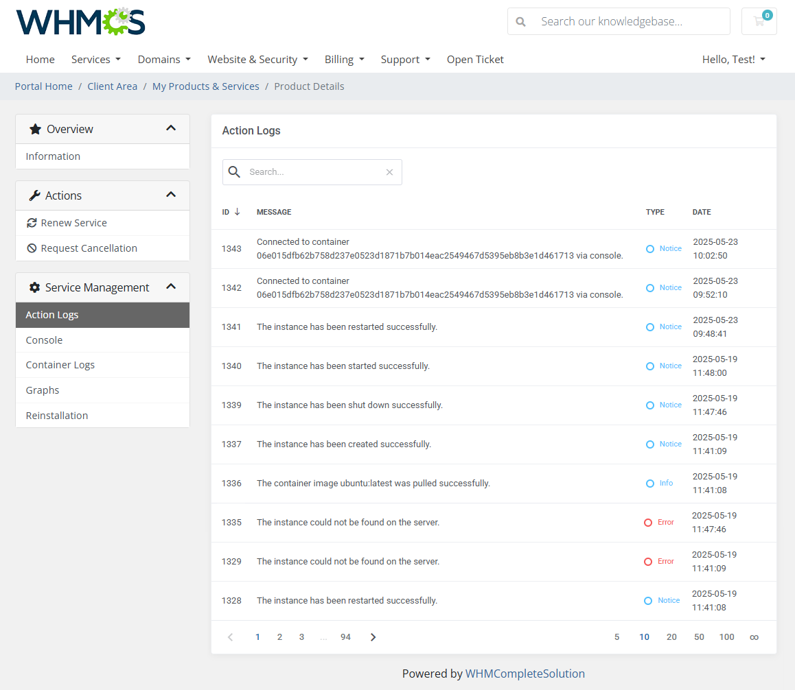 Action Logs - Portainer Docker Containers For WHMCS