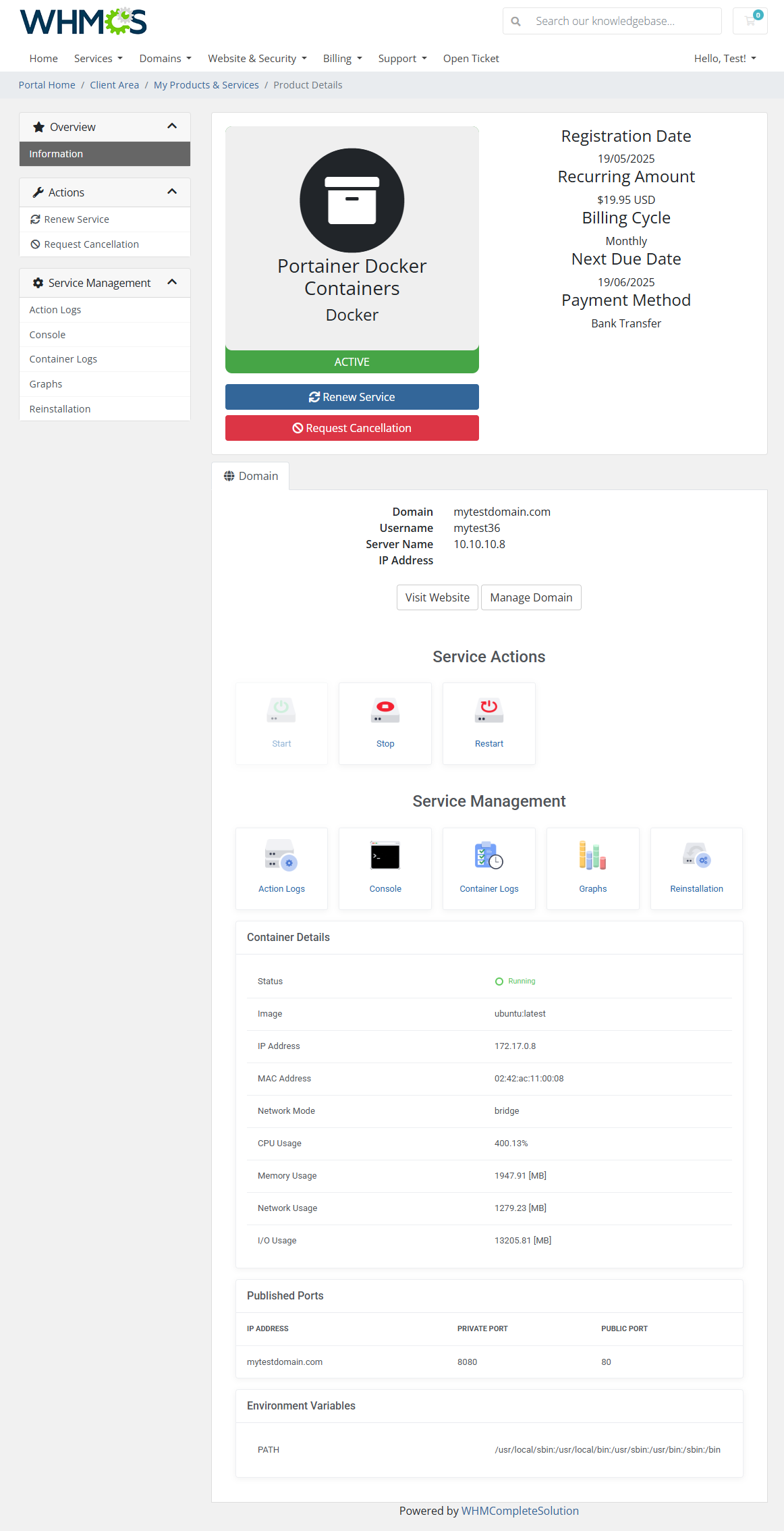 Container View - Client Area - Portainer Docker Containers For WHMCS