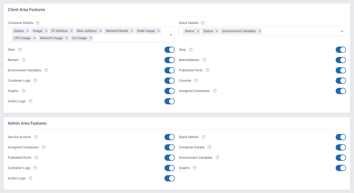 Features Configuration - Portainer Docker Containers For WHMCS